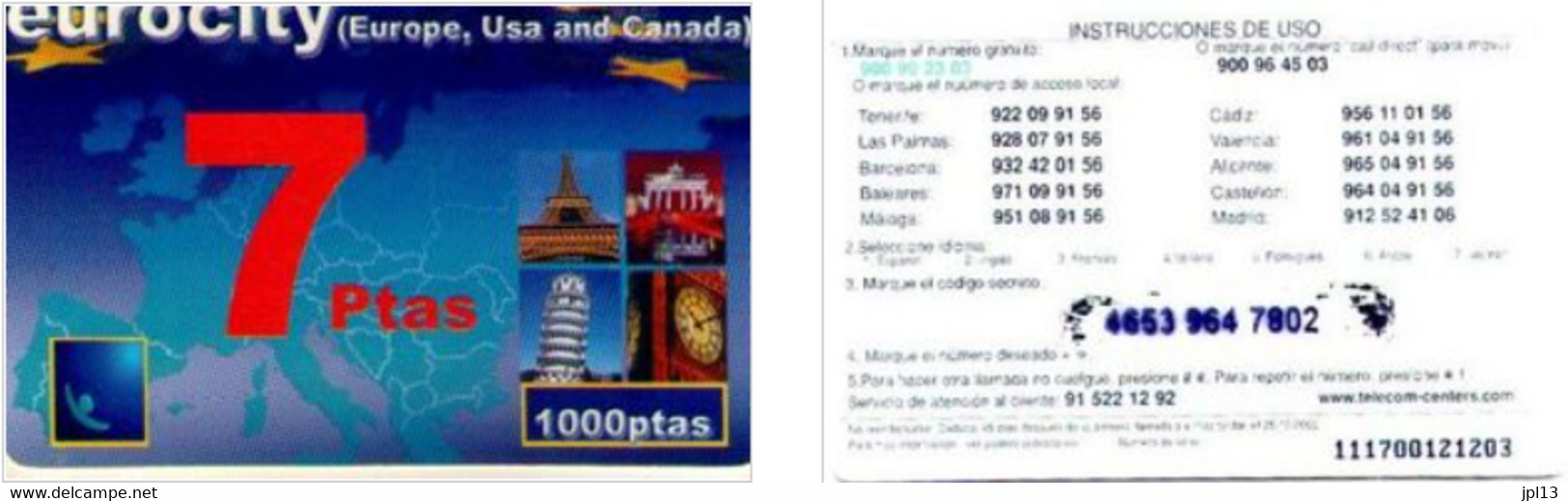 Carte Prépayée - Espagne - Gnanam Telecom - Eurocity 1000 Ptas 7 Ptas, Exp.25/12/2002 - Autres & Non Classés