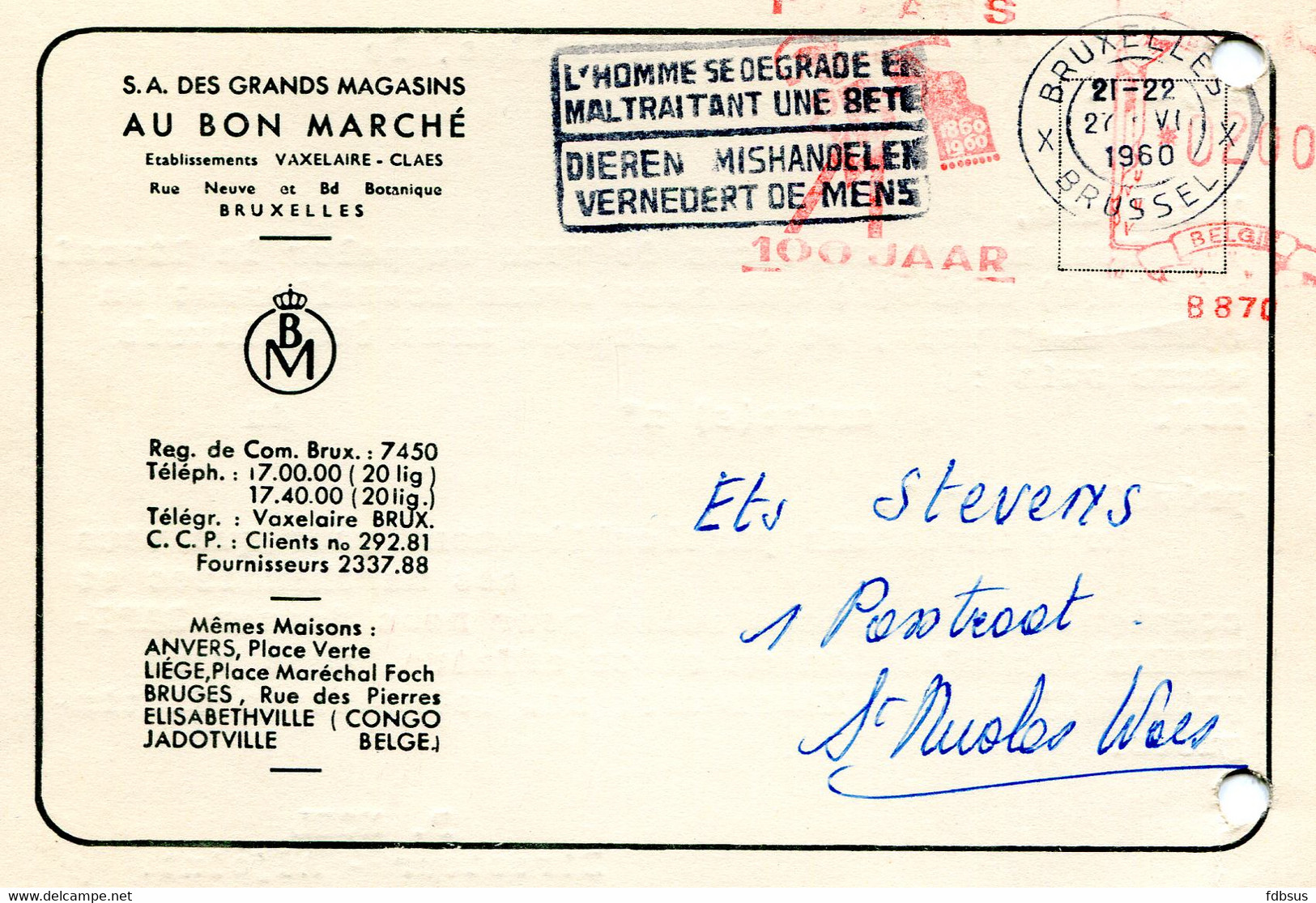 1960 Kaart Van Sa Des Grands Magasins AU BON MARCHE Vaxelaire Claes Brussel X - Rayon 53 - Gefr. 2 Fr - 1960-1979