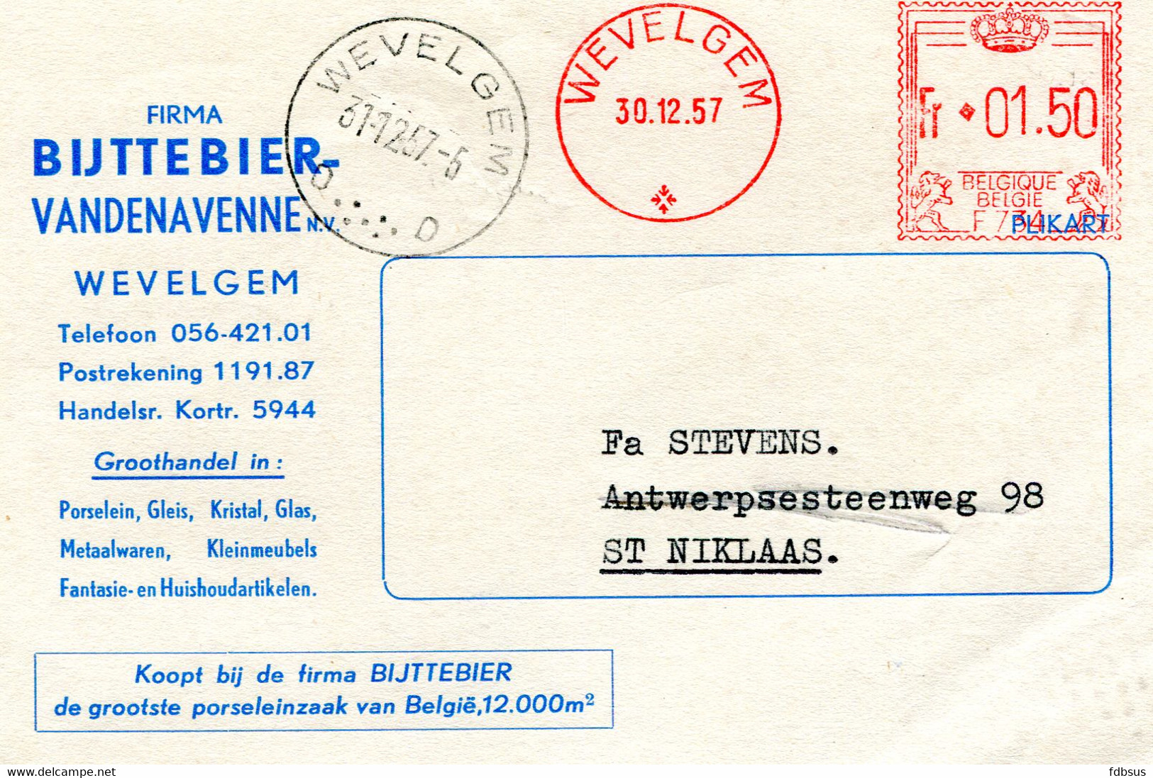 1957 Kaart Firma BIJTTEBIER - VANDENAVENNE Nv  Wevelgem - Porselein Gleis Kristal Glas   - Gefr. 1.50 Fr - ...-1959