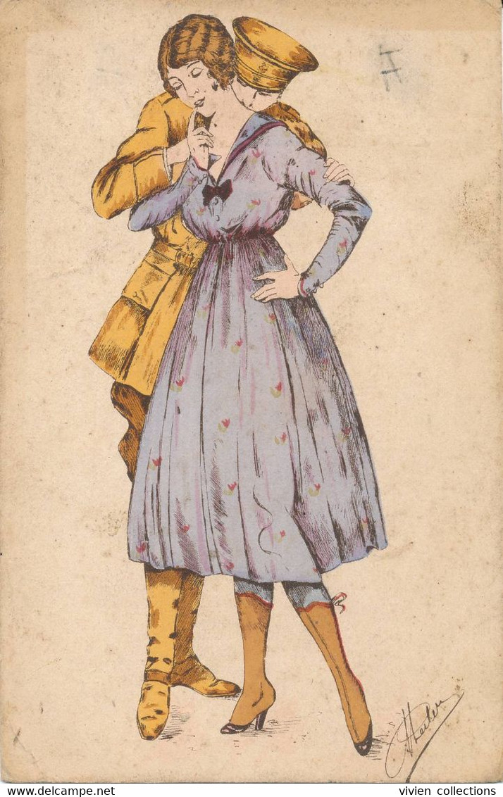 Carte Illustrateur Signée Leclerc Petite Guerre Fantaisies Parisiennes Femme Militaire - Leclerc