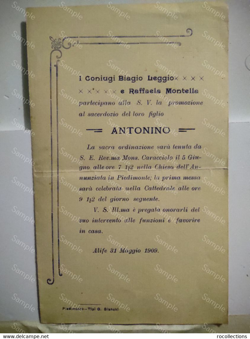 Italia Coniugi Montella PROMOZIONE SACERDOZIO Figlio ANTONINO Chiesa Dell'Annunziata PIEDIMONTE. ALIFE 31 Maggio 1909 - Other & Unclassified