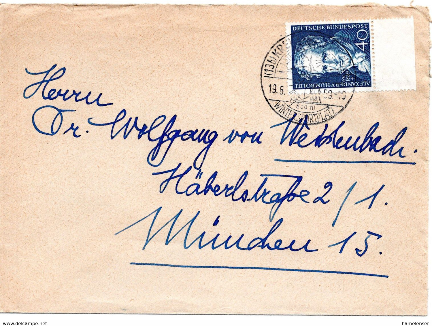 58799 - Bund - 1959 - 40Pfg Humboldt EF A DoppelBf KREUTH -> Muenchen - Lettres & Documents