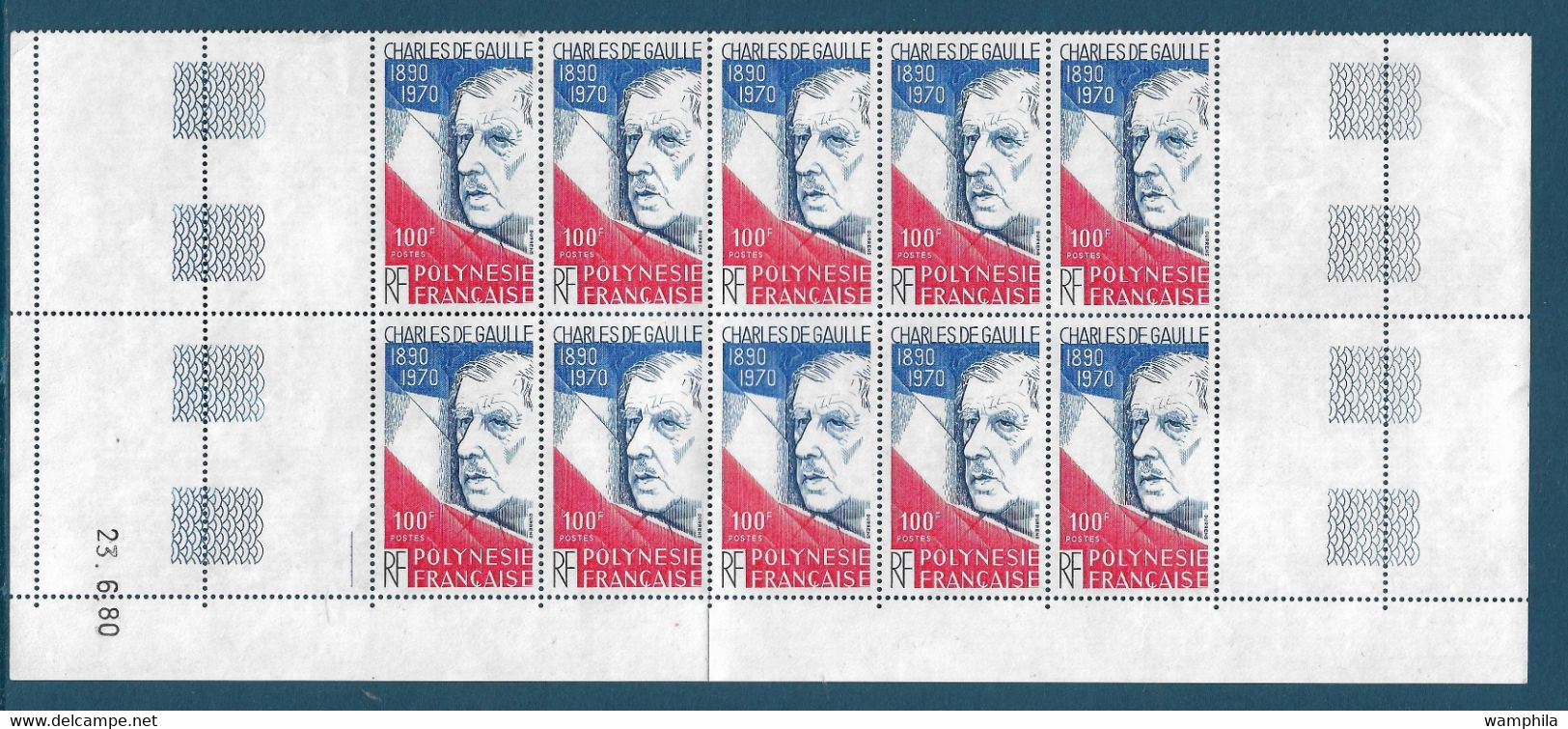 Polynésie N°159** Charles De Gaulle, Un Bloc De 10 Timbres Dont Coin Daté, Cote 67€ - Lots & Serien