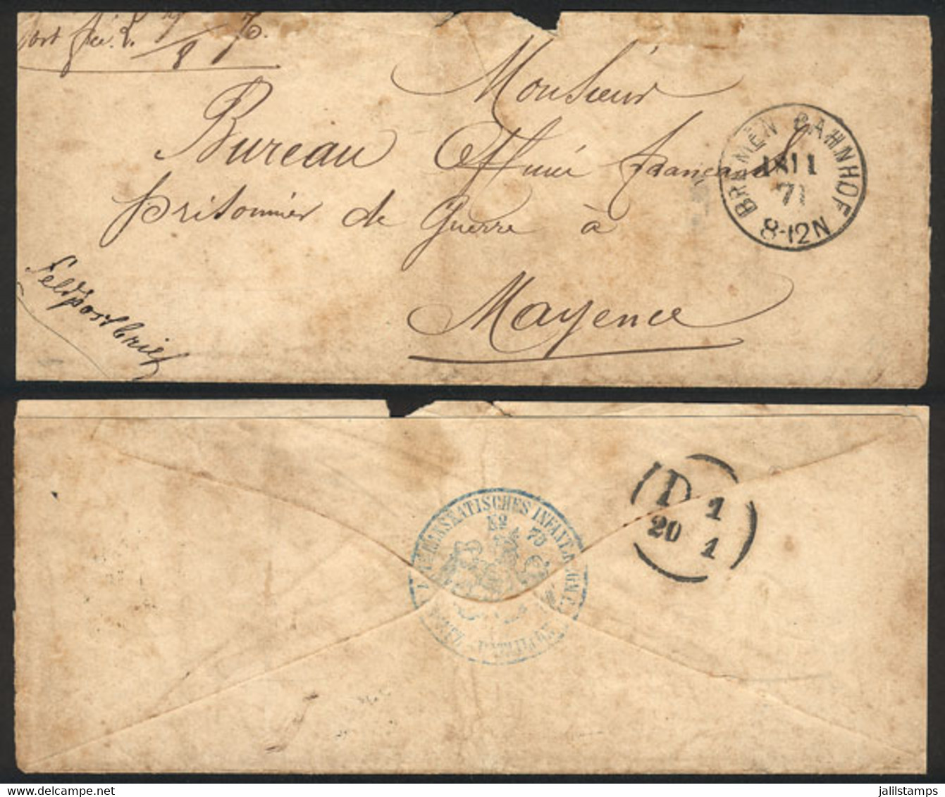 GERMANY: Cover (opened On 3 Sides For Display) Sent With Military Free Frank From Bremen To Mayence On 18/NO/1871, Inter - Other & Unclassified