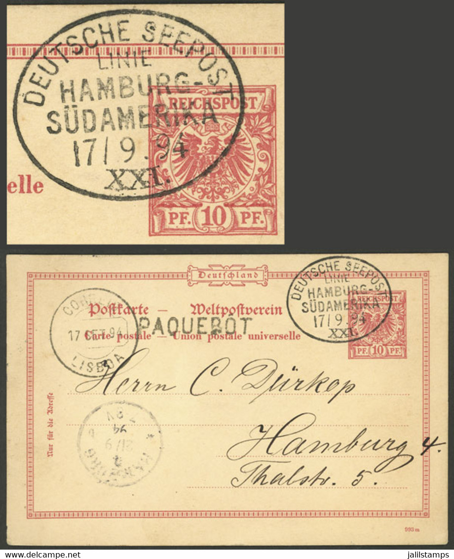 GERMANY: 10Pg. Postal Card Sent From A Ship At Sea To Hamburg On  17/SE/1894, With Oval Mark DEUTSCHE SEEPOST, VF Qualit - Other & Unclassified