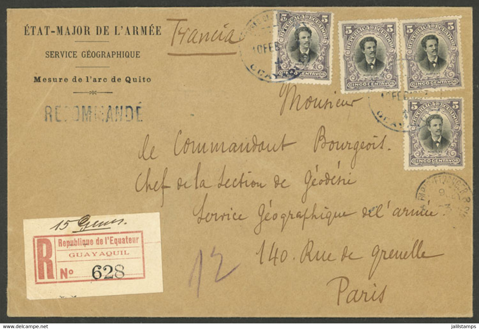 ECUADOR: Sc.147, 1901 5c., 4 Examples Franking A Registered Cover From Guayaquil To France 10/FE/1903, With Paris Arriva - Ecuador