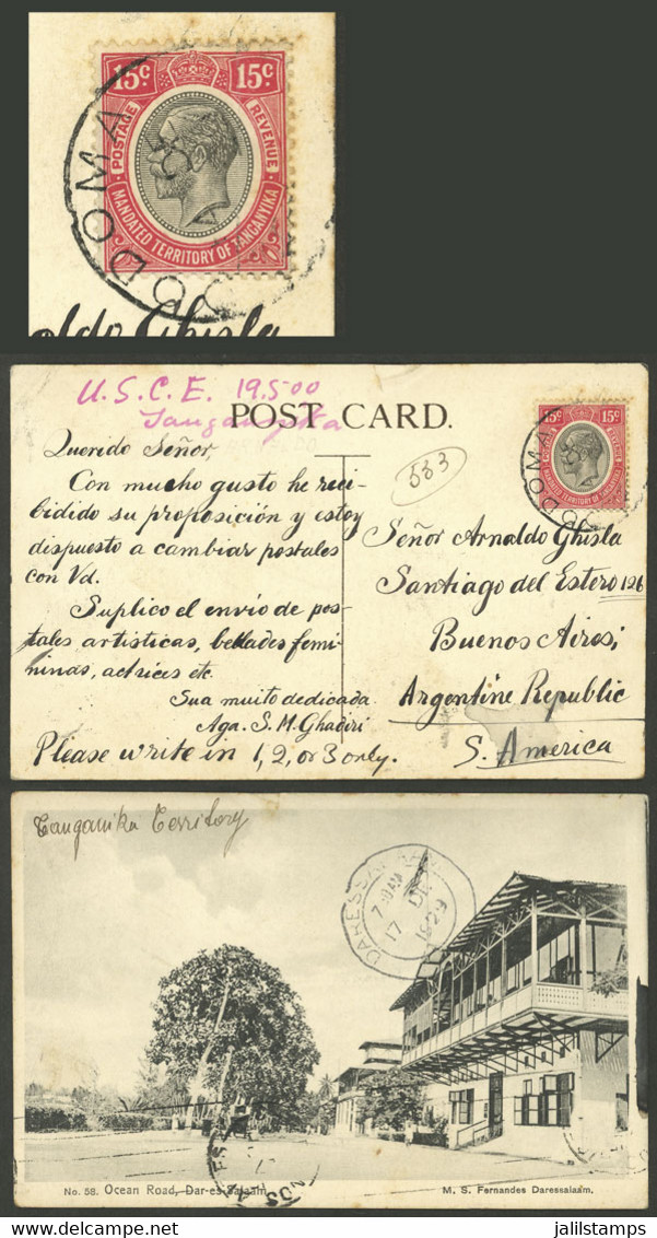 TANGANYIKA: RARE DESTINATION: Postcard With View Of "Ocean Road, Dar-es-salaam" Franked With 15c. (Sc.31) And Sent From  - Tanganyika (...-1932)