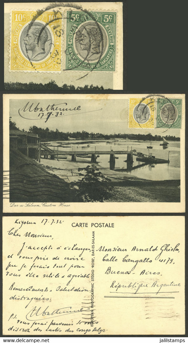 TANGANYIKA: RARE DESTINATION: Postcard With View Of "Dar-es-salaam, Custom House" Franked With 15c. (Sc.29 + 30) And Sen - Tanganyika (...-1932)