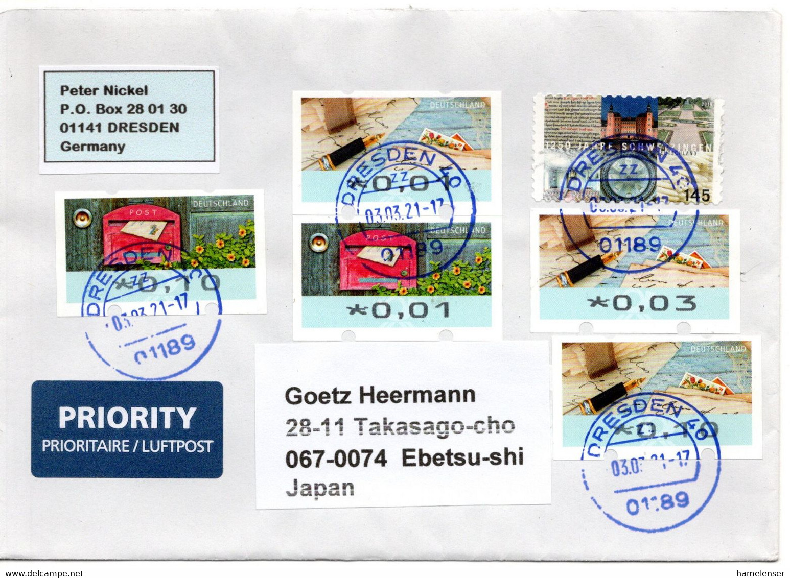 58828 - Bund - 2021 - 145c Schwetzingen MiF A LpBf DRESDEN -> Japan - Covers & Documents