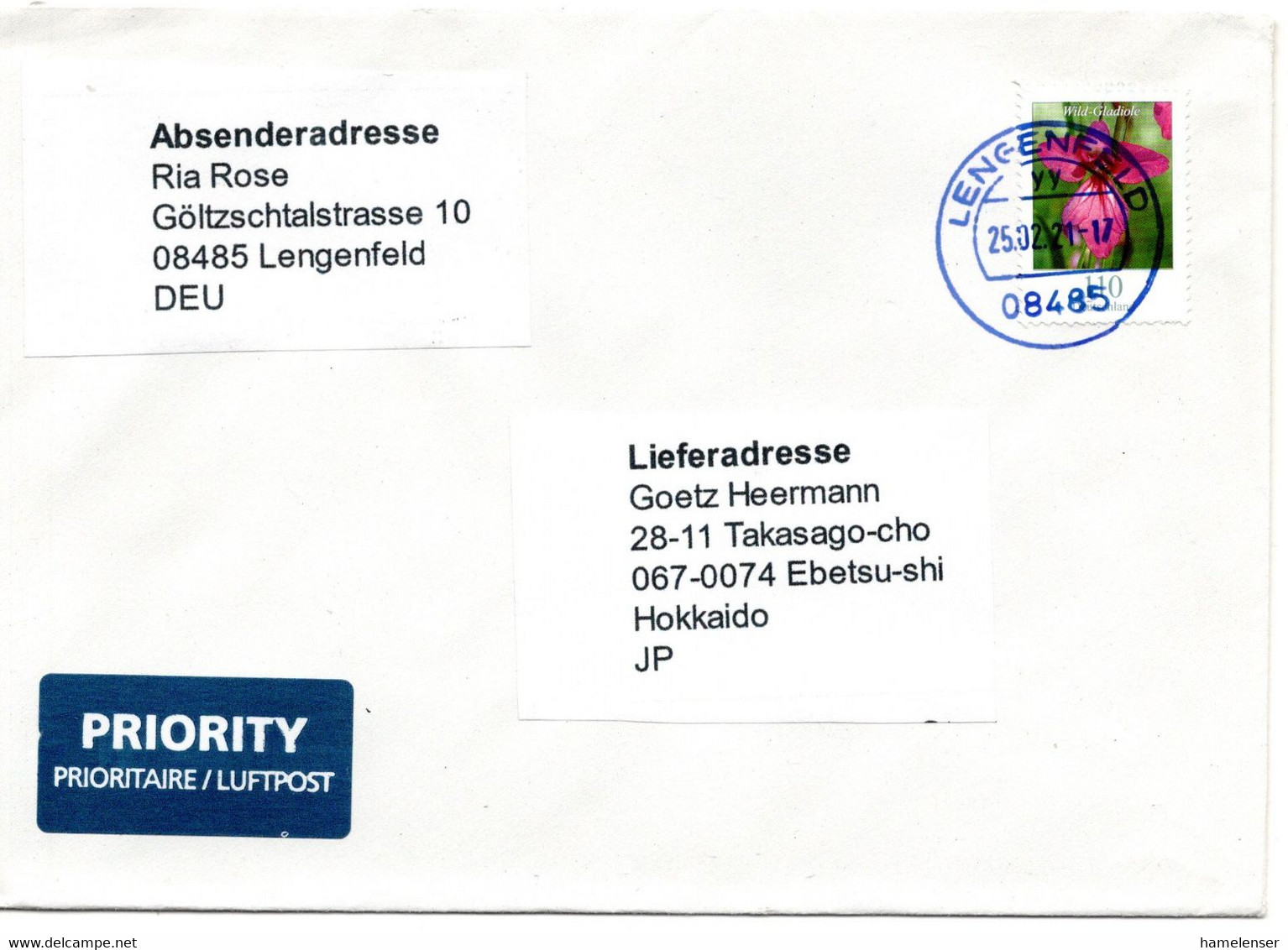 58831 - Bund - 2021 - 110c Blumen EF A LpBf .LENGENFELD -> Japan - Storia Postale