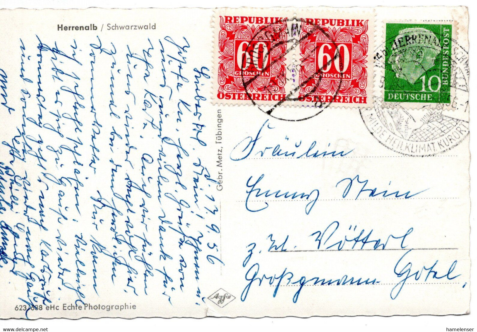 58854 - Bund - 1956 - 10Pfg Heuss I EF A AnsKte HERRENALB -> GROSSGMAIN (Oesterreich), M. S1,20 Nachporto - Portomarken