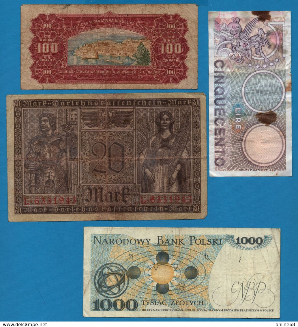 LOT BILLETS 4 BANKNOTES: DEUTSCHES REICH - ITALIA - POLAND - YUGOSLAVIA - Lots & Kiloware - Banknotes