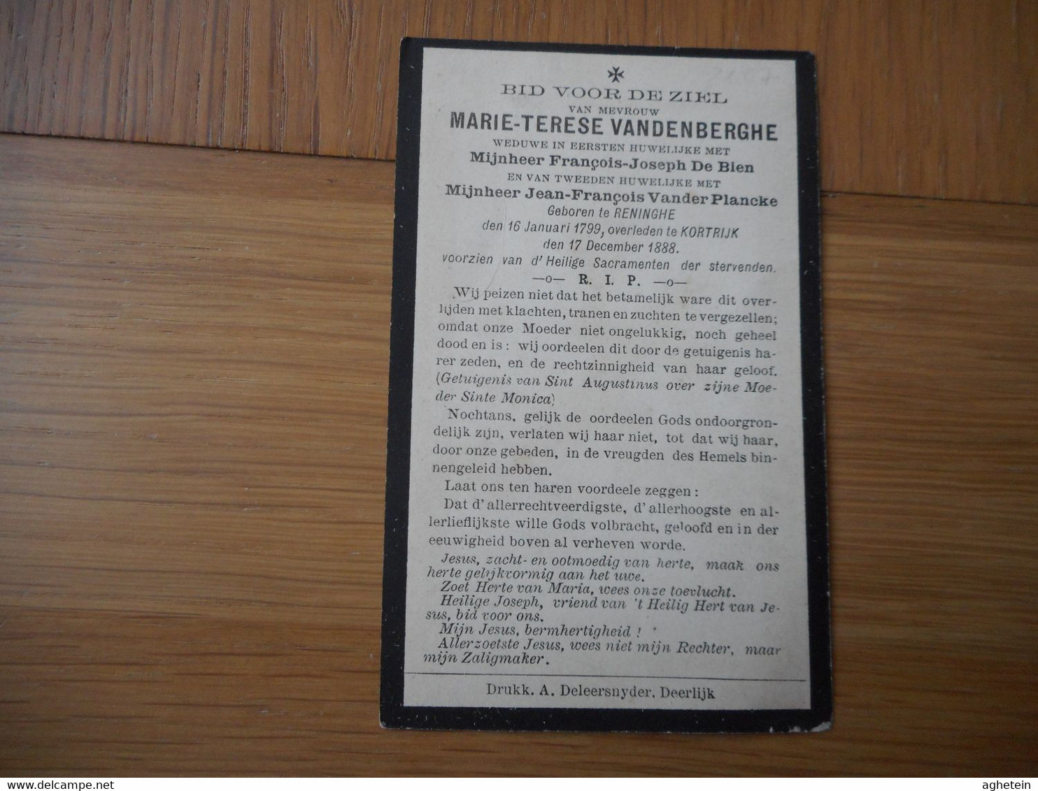 D.P.-MARIE-TERESE VANDENBERGHE°RENINGHE 16-1-1799+KORTRIJK 17-021888 - Religion & Esotericism