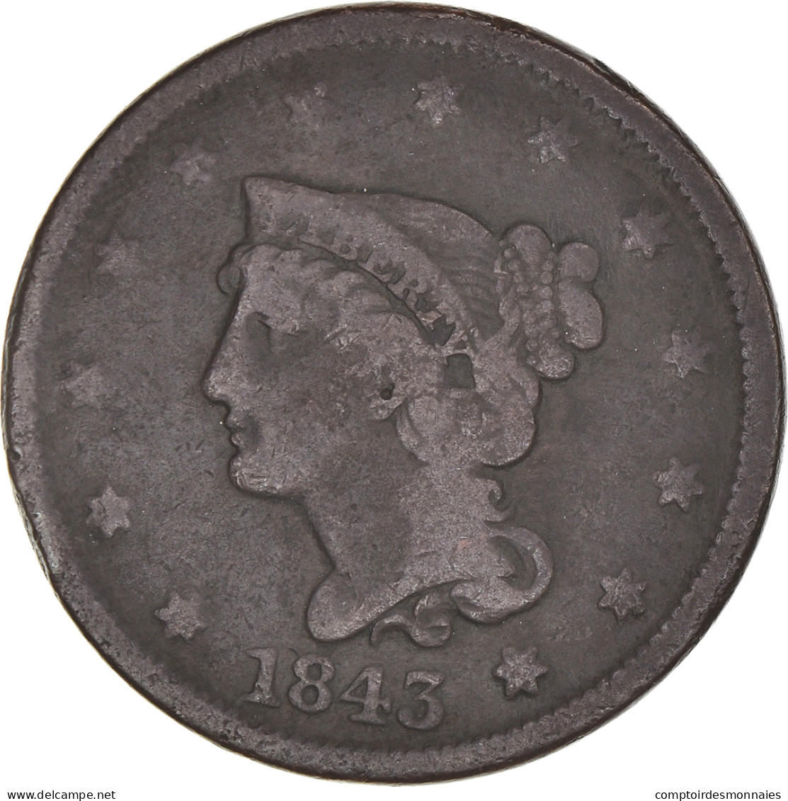 Monnaie, États-Unis, Braided Hair Cent, Cent, 1843, U.S. Mint, Philadelphie - 1840-1857: Braided Hair (Cheveux Tressés)