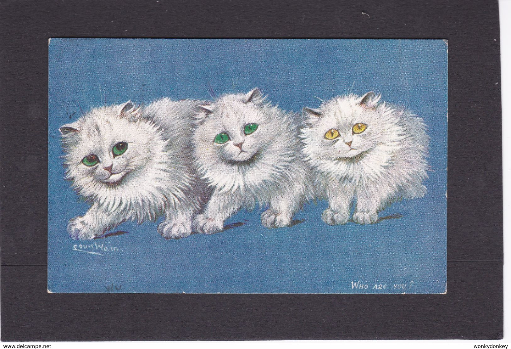 Cat Card -  Louis Wain -  Three White Cats - Who Are You ??.  R Tuck.   1907. - Gatos