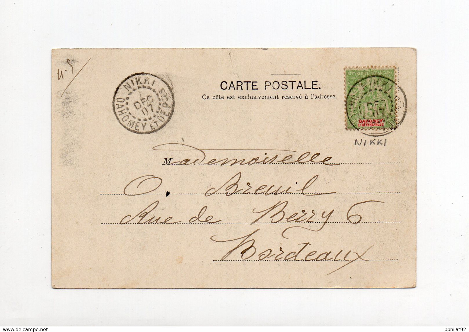 !!! DAHOMEY, CACHET DE NIKKI DE 1907 SUR CPA DE L'ORPHELINAT DE ZAGNANADO POUR BORDEAUX - Lettres & Documents
