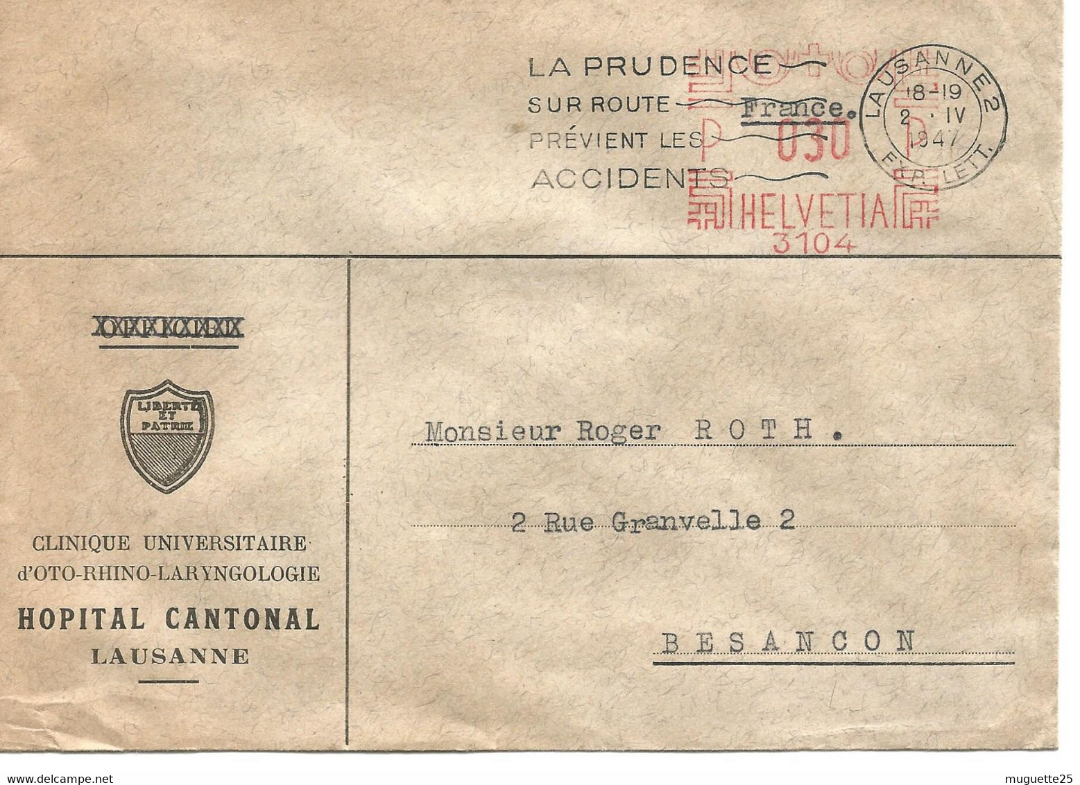 Suisse Enveloppe EMA Croix Rouge Lausanne Cachet à Date 1947 + Flamme - Máquinas De Franquear