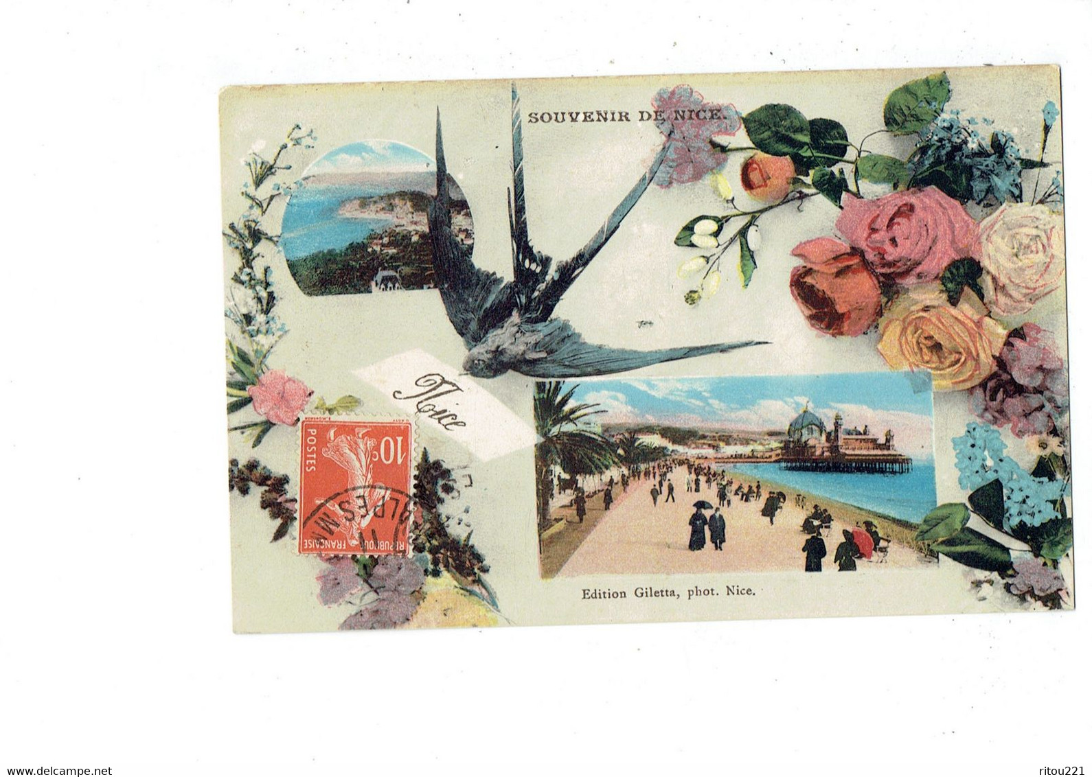 Cpa - 06 - Souvenir De NICE - Illustration Hirondelle Fleurs - Edit Giletta - Sets And Collections
