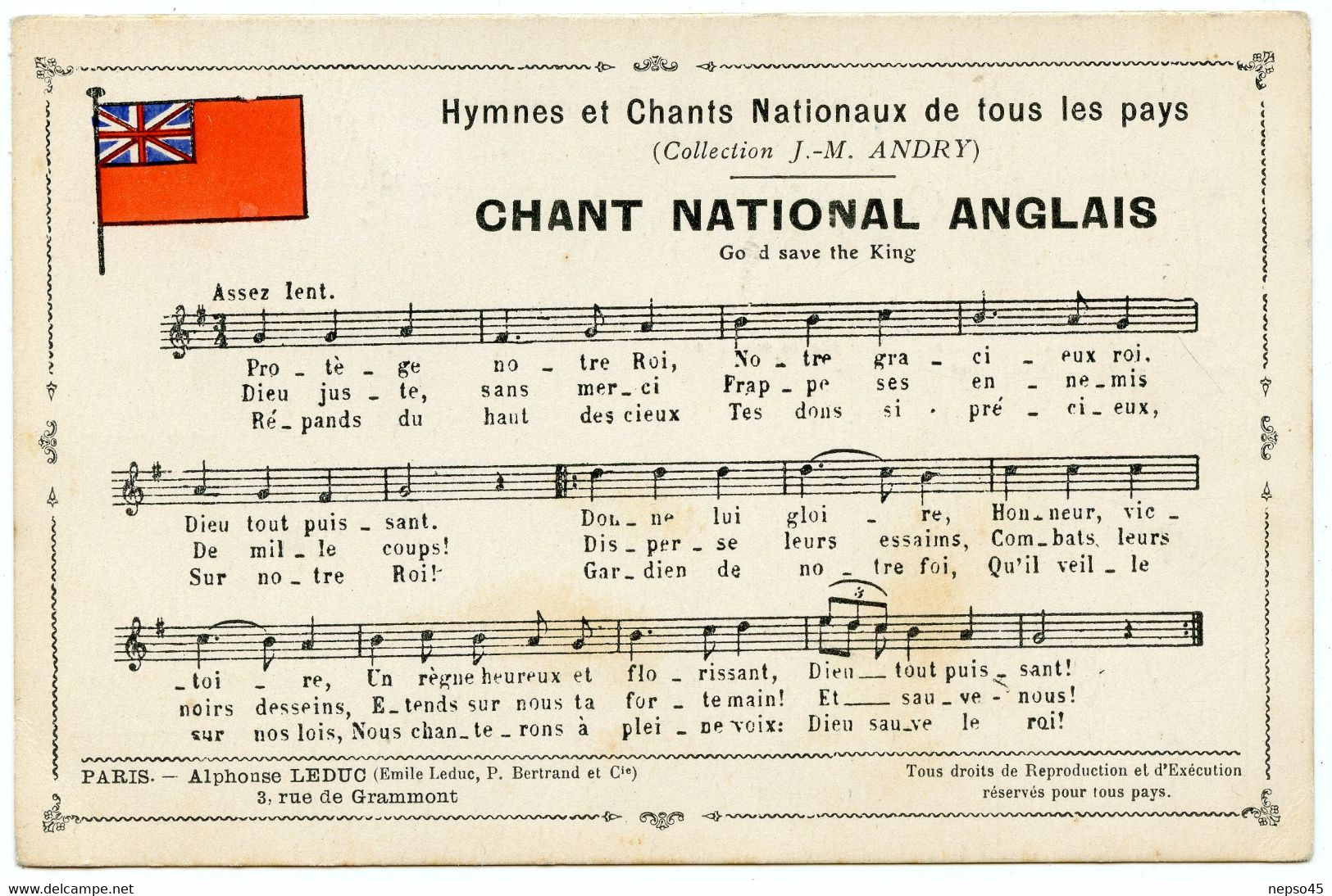 Chant National Anglais De La Collection J.M.Andry Des Hymnes Et Chants Nationaux De Tous Pays. - Musique