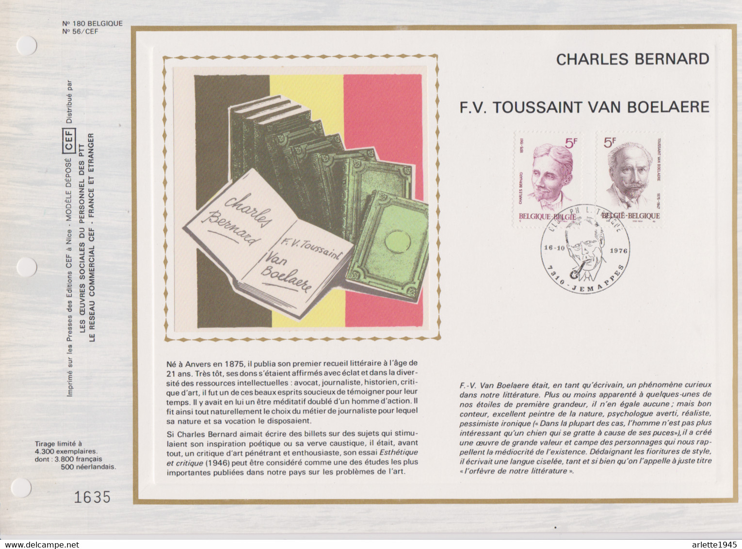 FEUILLET  CHARLES BERNARD  F . V TOUSSAINT VAN BOELAERE 1976 - Deluxe Sheetlets [LX]