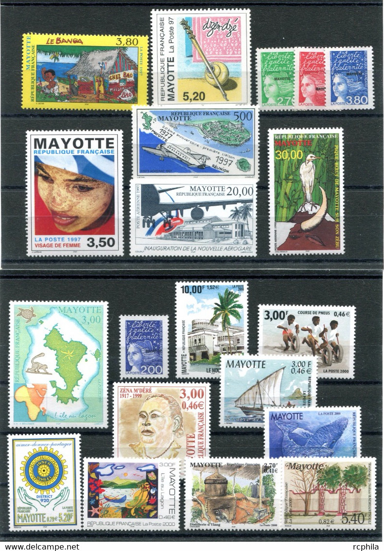 RC 23065 MAYOTTE COTE 136,60€ LOT DE TIMBRES EMIS ENTRE 1997 ET 2000 + 2 BLOCS FEUILLETS NEUF ** MNH TB - Unused Stamps