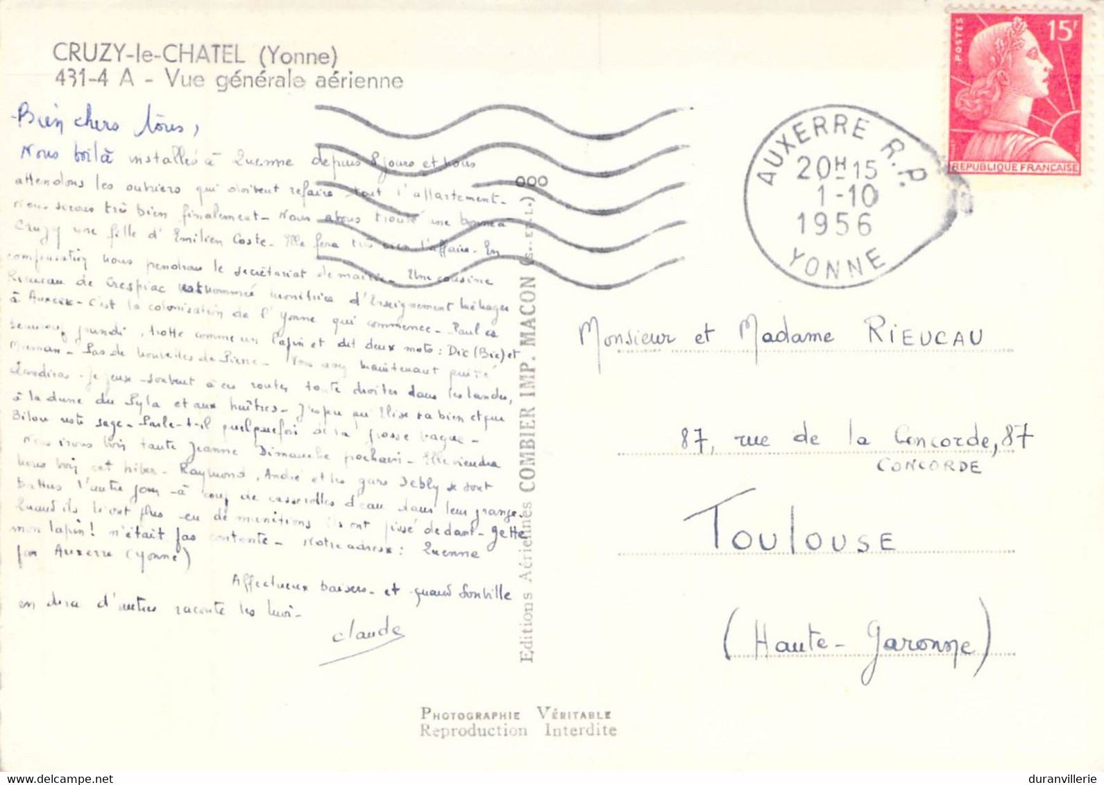 89  Cruzy Le Chatel Yonne  Vue Panoramique Aérienne. CPSM Format 10/15cm. 1956 - Cruzy Le Chatel