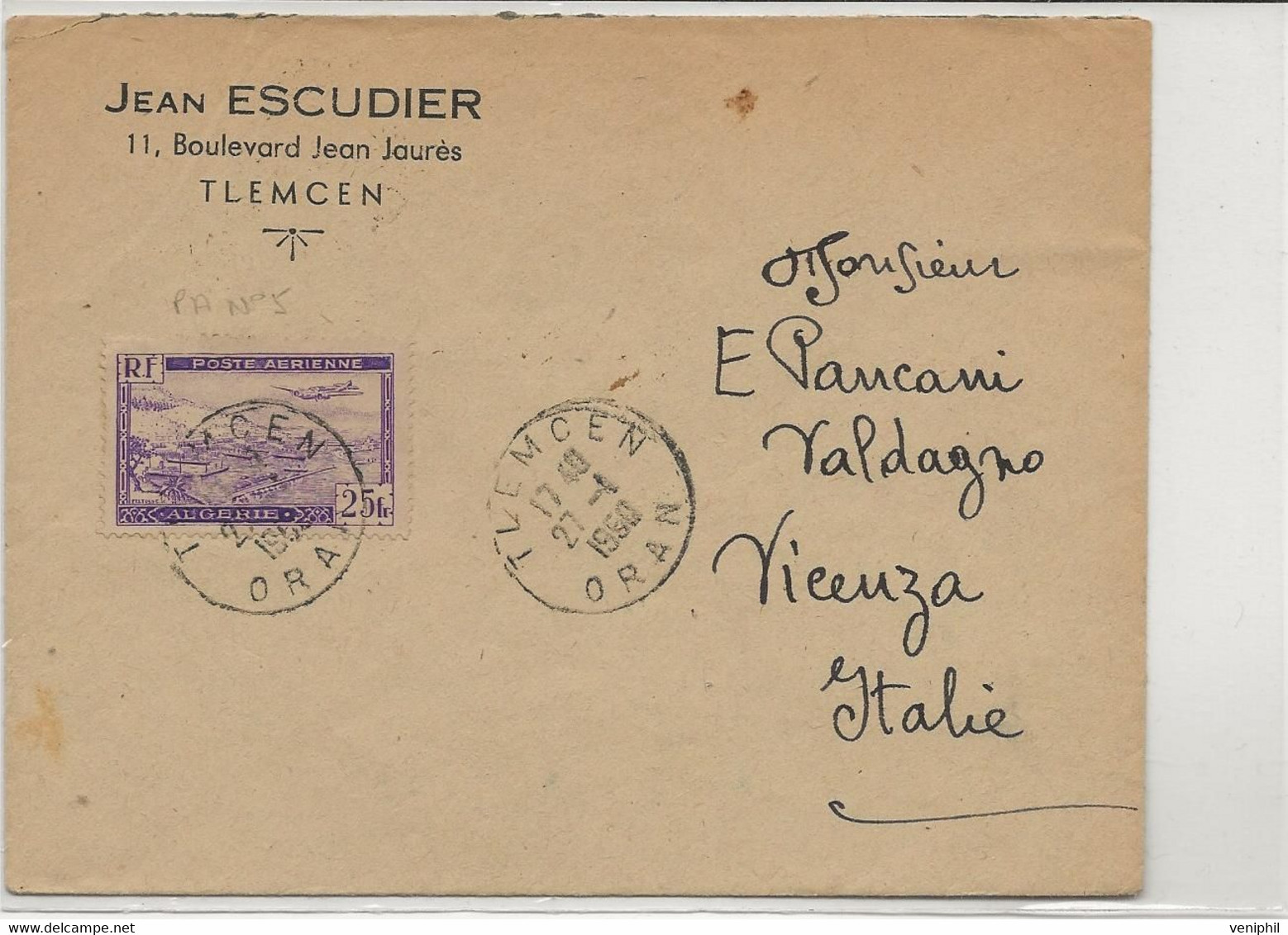 LETTRE ALGERIE - AFFRANCHIE POSTE AERIENNE N° 5 OBLITERE CAD TLEMCEN -ORAN- 1950 - Brieven En Documenten