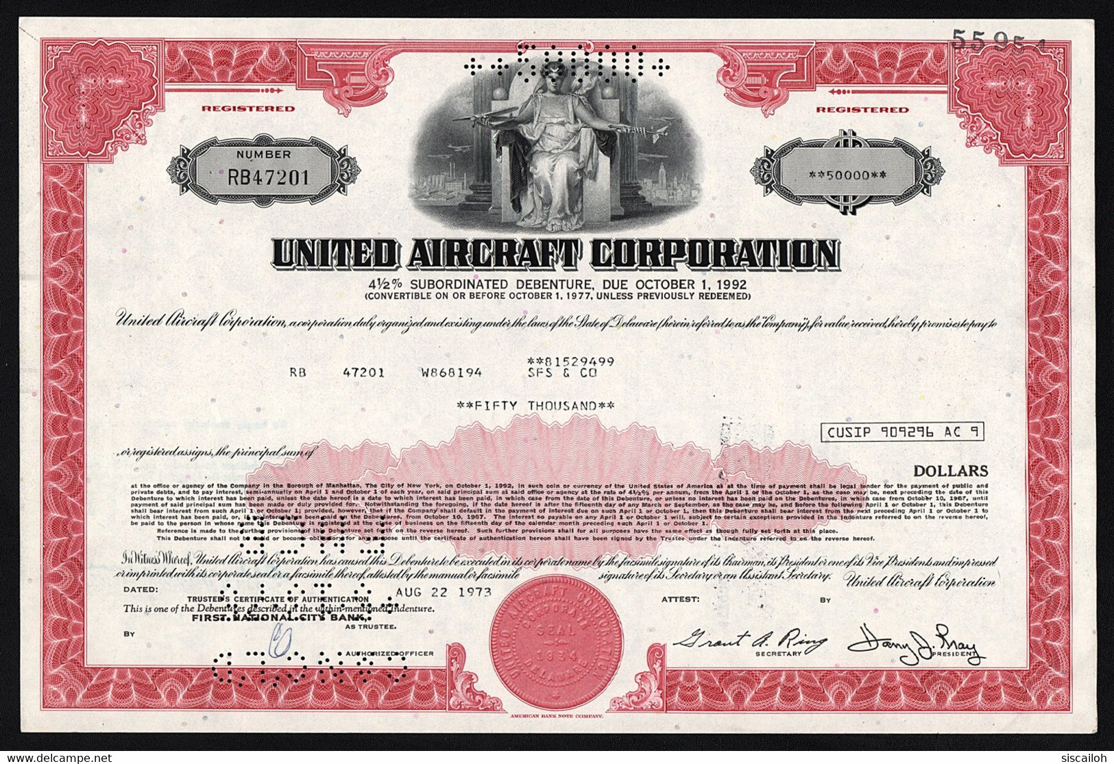 1973 United Aircraft Corporation - $50,000 Debenture - Aviation