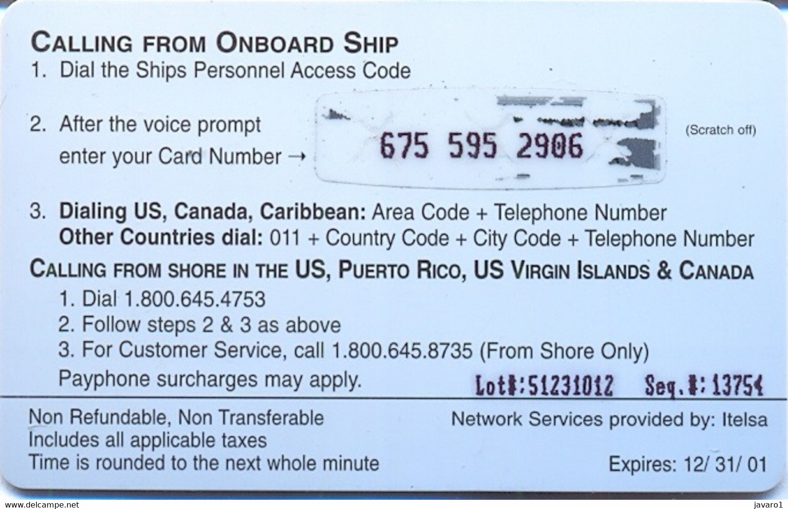 OCEANPHONE : OCE04 Big $20 (Itelsa) Glossy 12/31/01 SATELLITE CARD USED Exp: 12/31/01 - Altri & Non Classificati