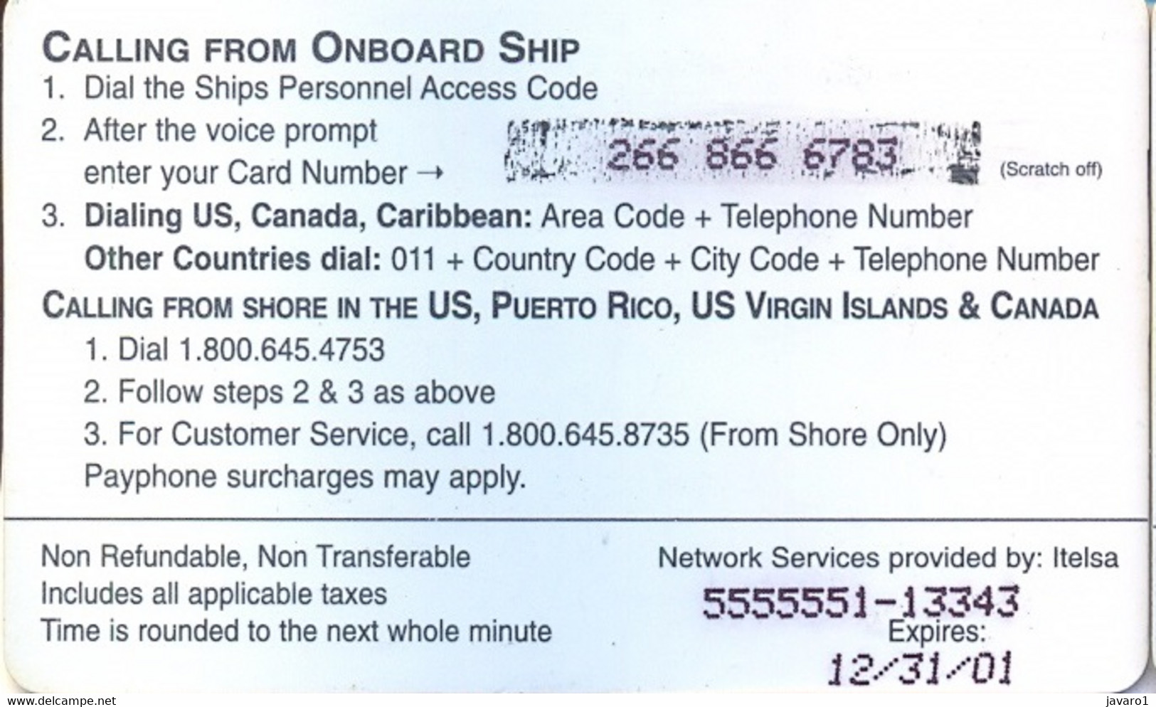 OCEANPHONE : OCE03A $20 (Itelsa) Matt   12/31/01 Matrix PRINTED SATELLITE CARD USED Exp: 12/31/01 - Sonstige & Ohne Zuordnung