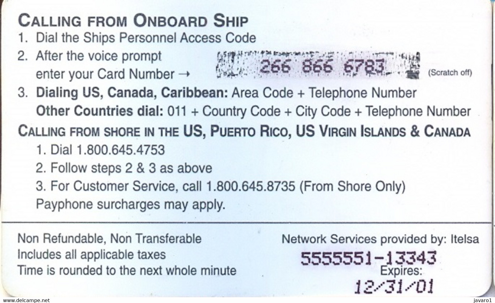 OCEANPHONE : OCE03A $20 (Itelsa) Matt   12/31/01 Matrix PRINTED SATELLITE CARD USED Exp: 12/31/01 - Altri & Non Classificati