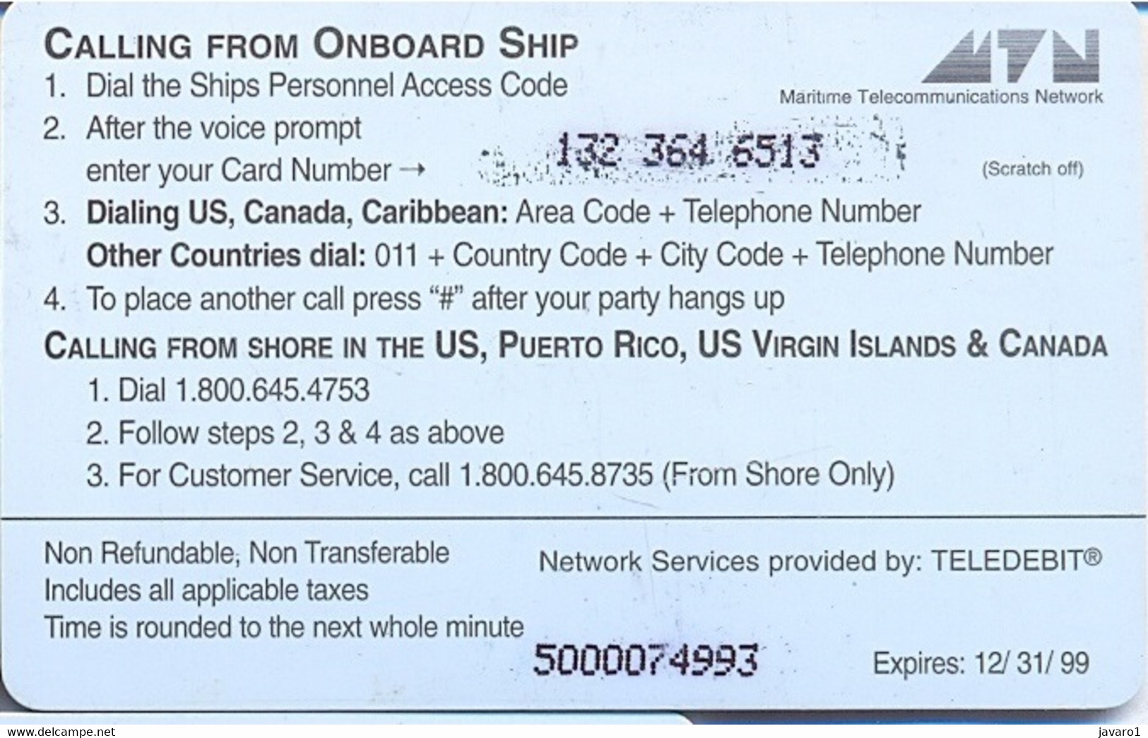 OCEANPHONE : OCE01B $20 (Teledebit) Hellblue 12/31/99 +ctrl On Left SATELLITE CARD USED Exp: 12/31/99 - Sonstige & Ohne Zuordnung