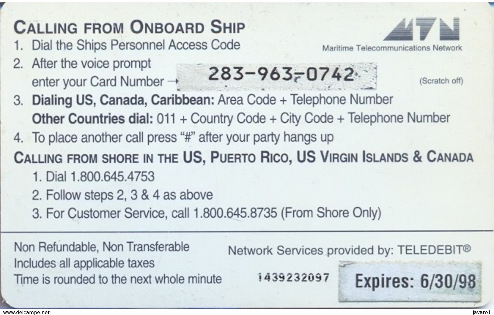 OCEANPHONE : OCE01 $20 (Teledebit) Paleblue Sticker Expires:6/30/98 SATELLITE CARD USED Exp: 6/30/98 - Sonstige & Ohne Zuordnung