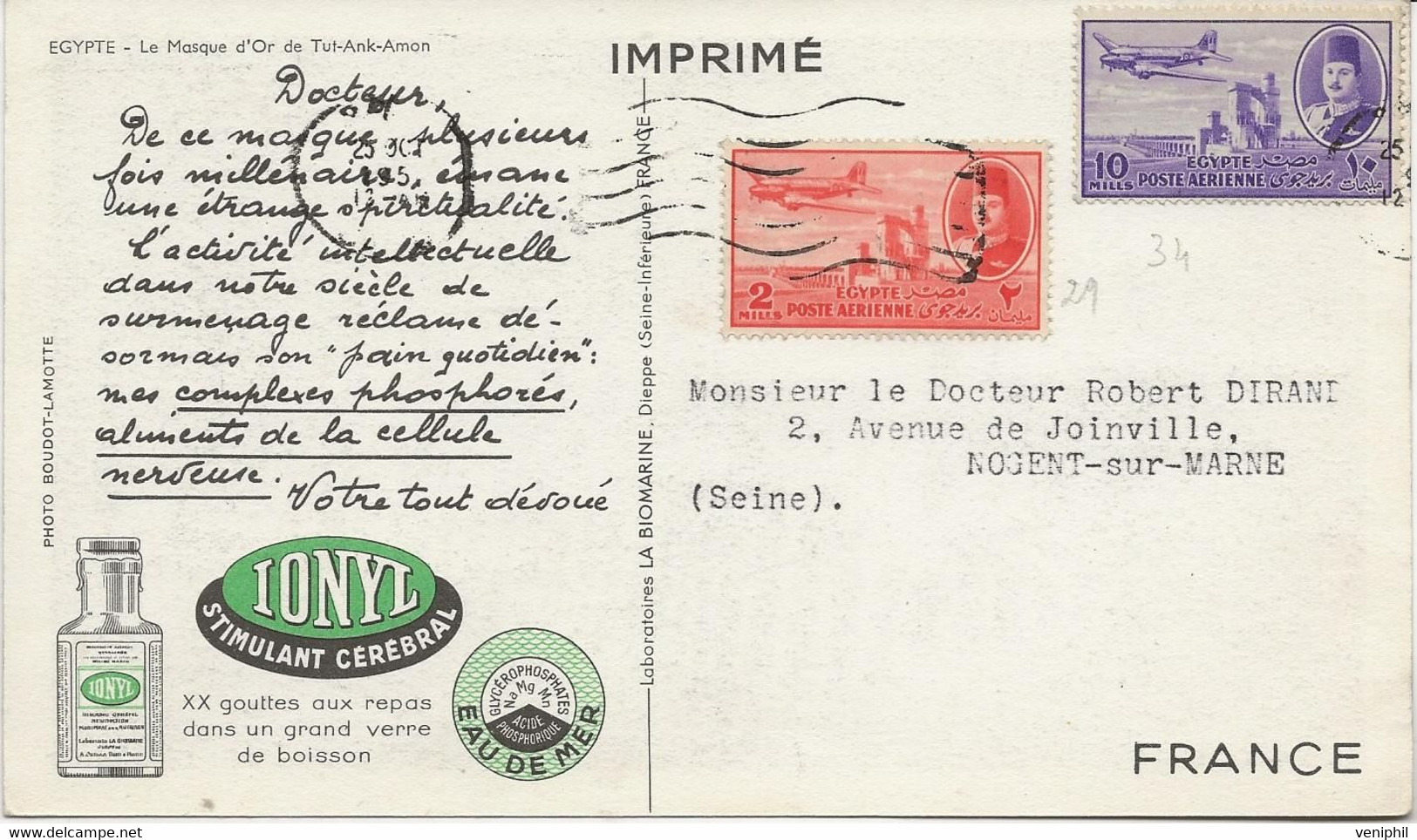 CARTE PUBLICITAIRE EGYPTE  -IONYL STIMULANT CEREBRAL - AFFRANCHIE TIMBRES PA EGYPTE N° 29 ET 34 - Other & Unclassified