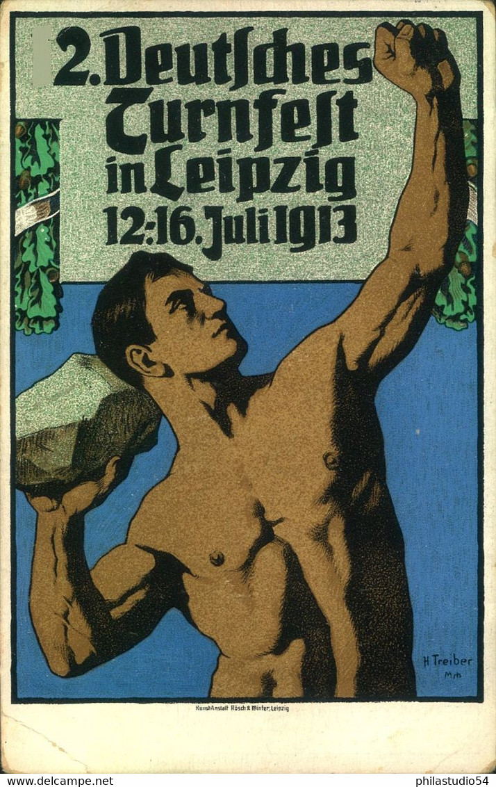 1913, Dekorativer Sonderkarte Zum "12. Deutschen Turnfest In Leipzig" Gelaufen Mit Maschinen-Sonderstempel - Storia Postale