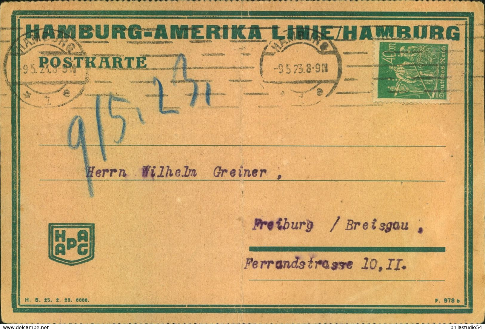 1923, Firmenkarte "Hamburg-Amerika-Linie", Frankiert Mit 40 M. Bauer Mit Firmenlochung - Autres & Non Classés
