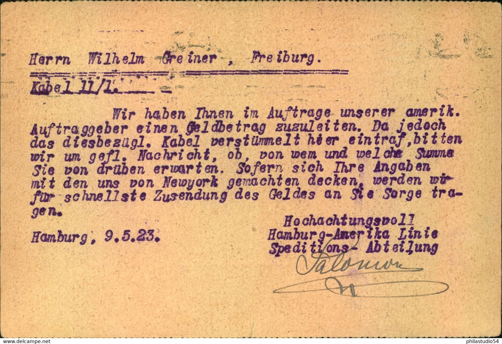 1923, Firmenkarte "Hamburg-Amerika-Linie", Frankiert Mit 40 M. Bauer Mit Firmenlochung - Andere & Zonder Classificatie