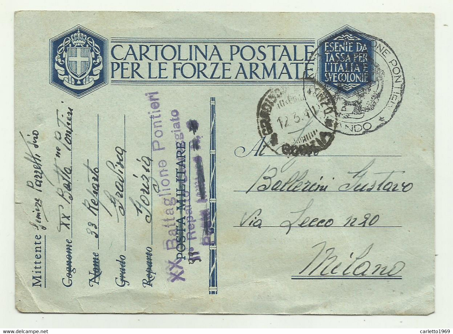 CARTOLINA FORZE ARMATE - XX BATTAGLIONE PONTIERI 33 REPARTO CARREGGIATO GRADISCA  1941 - Stamped Stationery