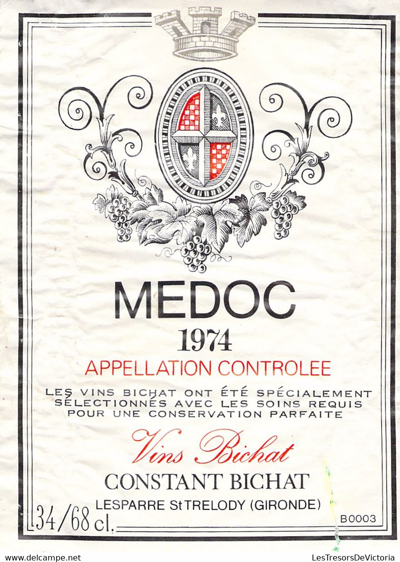 Etiquette Vins Bichat - Médoc - Constant Bichat - France - 1974 - Vino Tinto