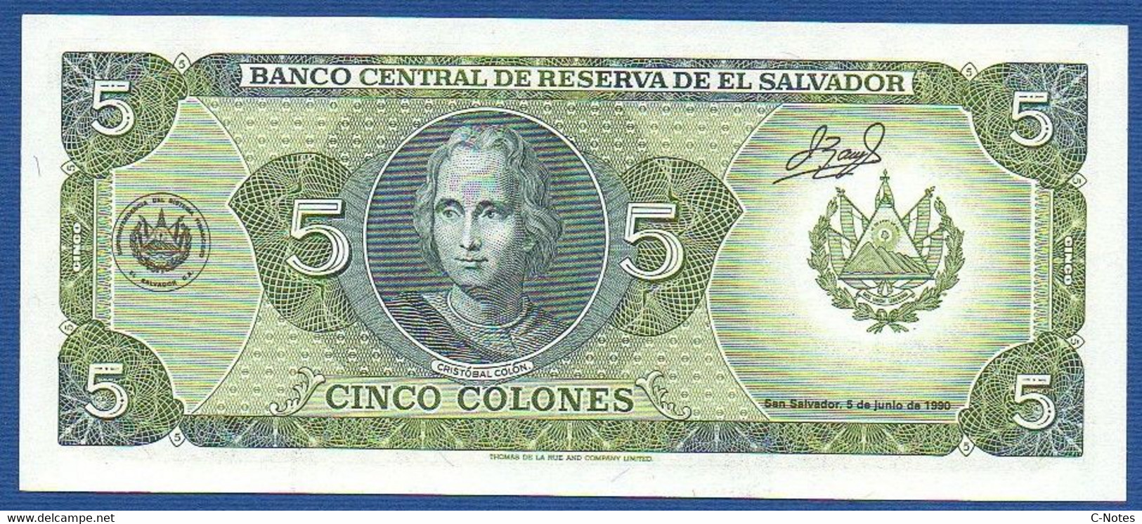 EL SALVADOR  - P.138 – 5 Colones 16.05.1990 UNC-, Series XR 6336559 - El Salvador