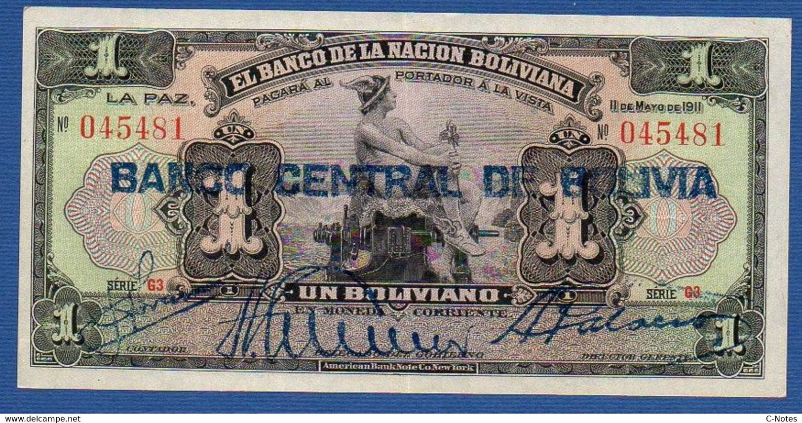 BOLIVIA - P.112 (2-2) – 1 Boliviano 11.05.1911 (1929) XF/AUNC, Serie G3 045481  - Printer American Bank Note Company, NY - Bolivie