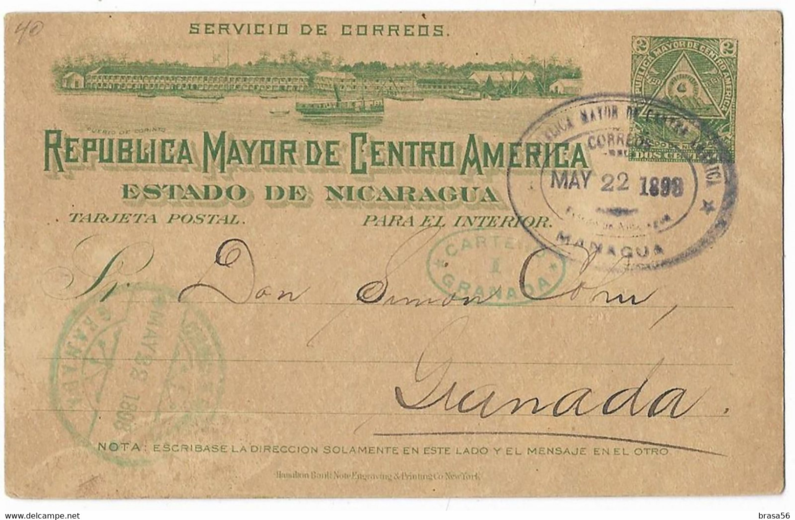 Nicaragua 1898 Illustrated Postal Stationery Card Managua To Granada W.67 - Nicaragua