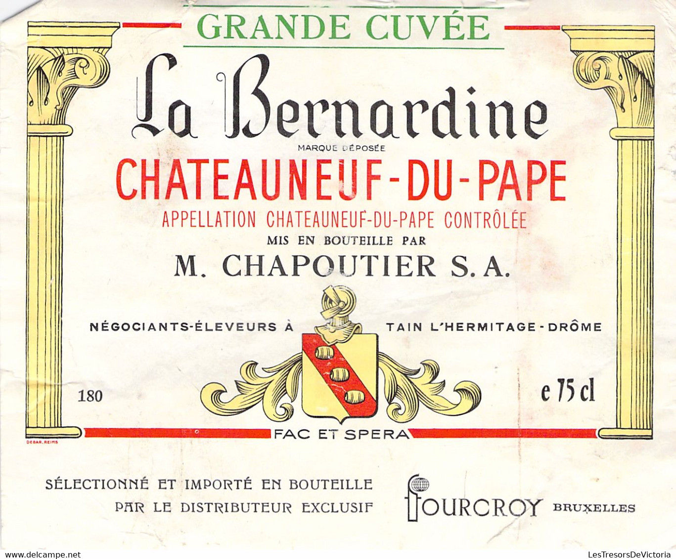 Etiquette Chateauneuf Du Pape La Bernardine  - M Chapoutier - Fourcroy Bruxelles - Vino Tinto