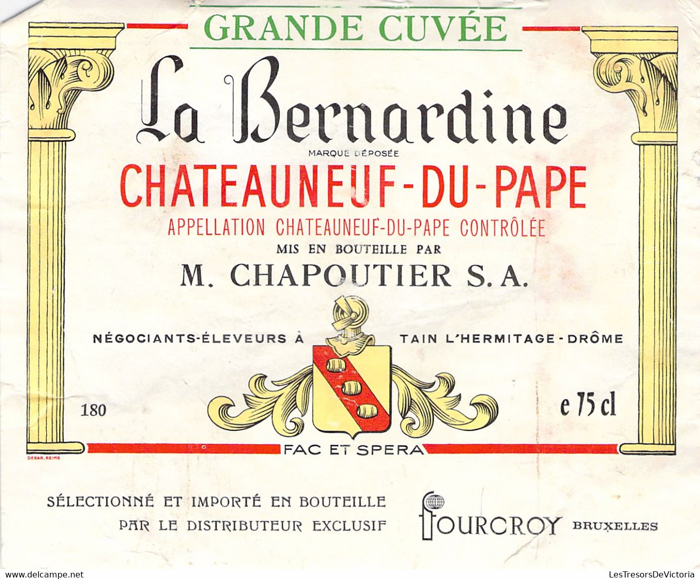 Etiquette Chateauneuf Du Pape La Bernardine  - M Chapoutier - Fourcroy Bruxelles - Vino Rosso