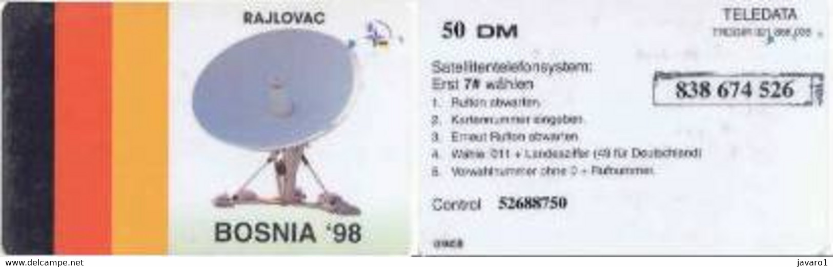 BOSNIA : BOS06 50DM BOSNIA '98 RAJLOVAC (TELEDATA) SATELLITE CARD USED - Bosnie