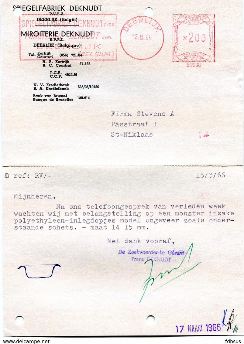 1966 Kaart Van DEKNUDT Pvba Deerlijk Spiegelfabriek  Miroiterie  - Gefr. 2 Fr B2008 - 1960-79