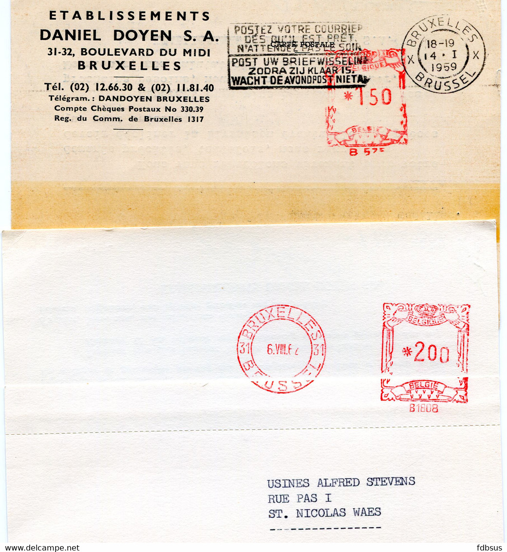 1959/62 2 Kaarten Van Ets DANIEL DOYEN Sa Brussel 1 - Gefr. 2  + 1. 50  Fr  Brussel 31 - - 1960-79