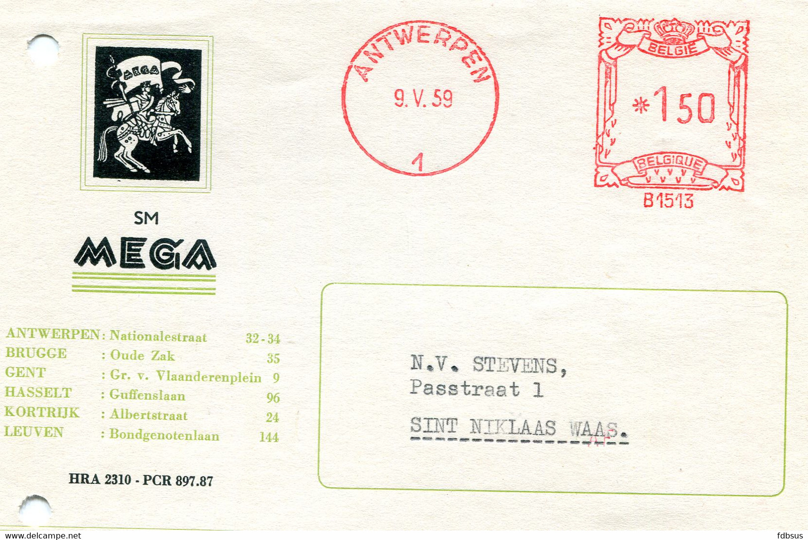 1959 Kaart Van MEGA Sm Antwerpen 1 - Gefr. 1.50 Fr B1513 - Ridder Te Paard Met MEGA Vaandel - ...-1959