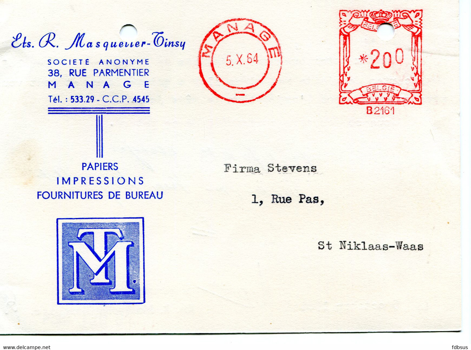 1959/64  5 Kaarten Ets R. MASQUELIER -TINSY Sa Manage - Papiers Impressions - Gefr. 1.50 + 2 Fr - ...-1959