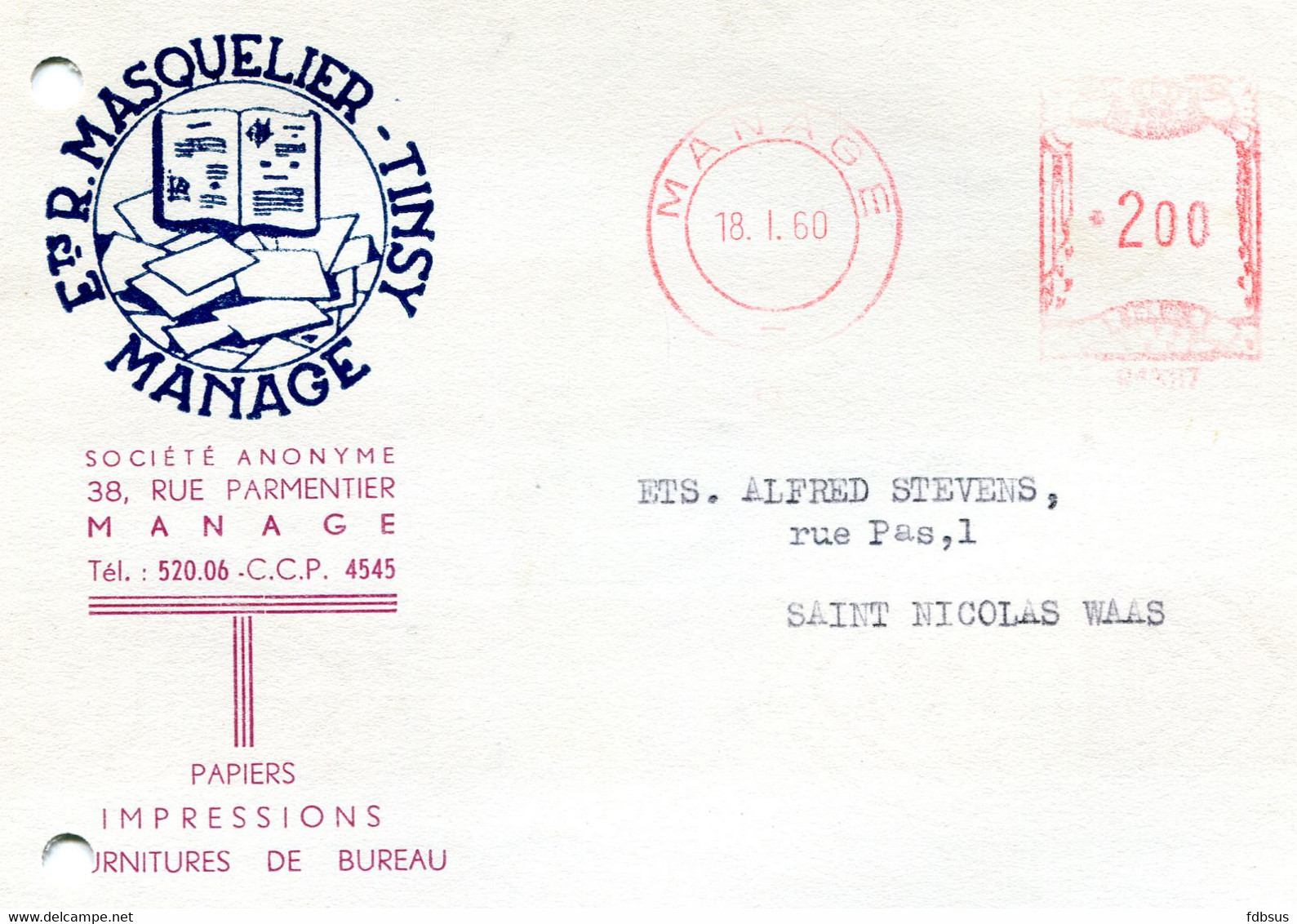 1959/64  5 Kaarten Ets R. MASQUELIER -TINSY Sa Manage - Papiers Impressions - Gefr. 1.50 + 2 Fr - ...-1959